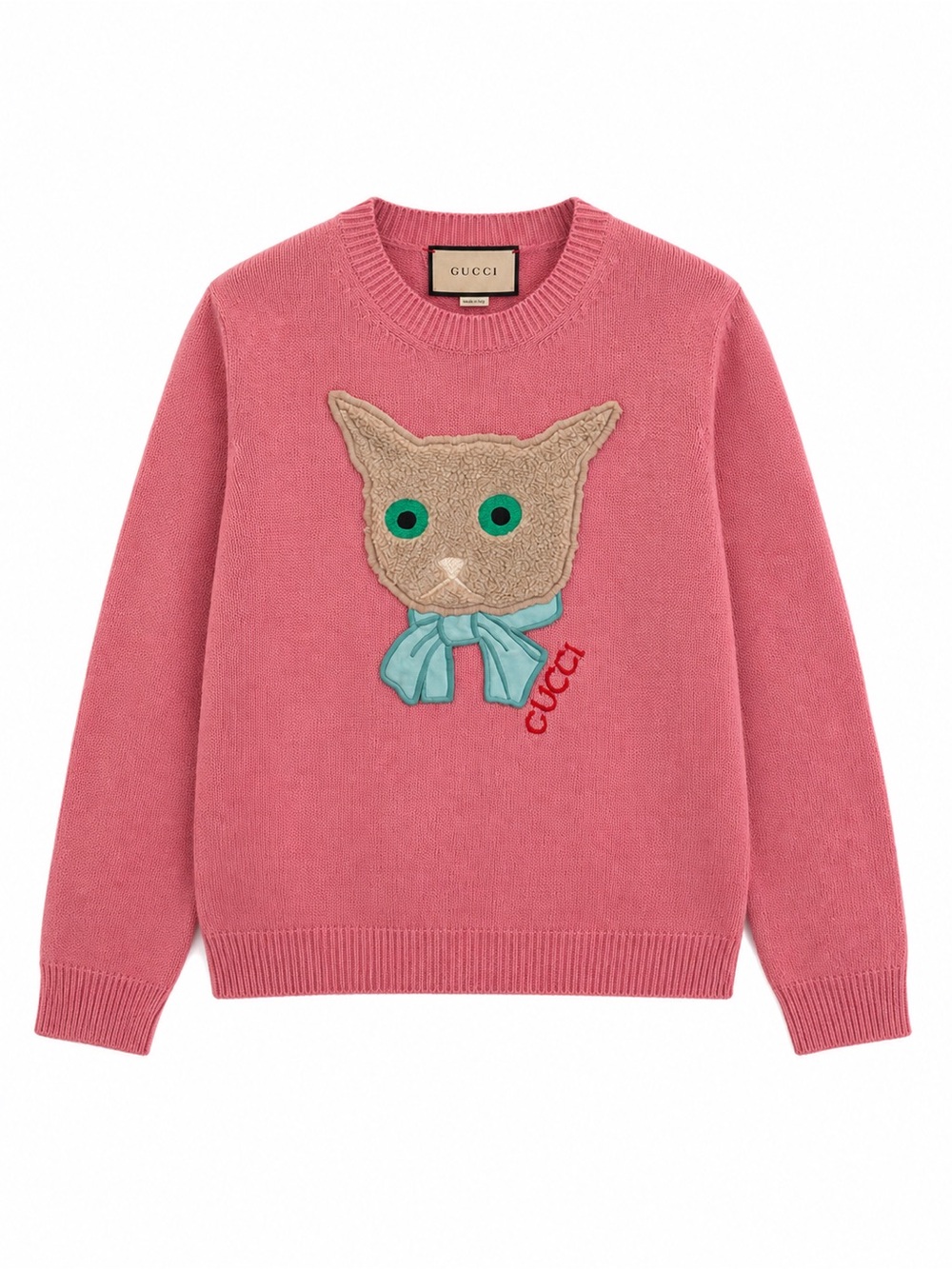 ❌hold❌🚩steal Gucci Rose Pink Knit Sweater with Cat Patch and Blue Bow